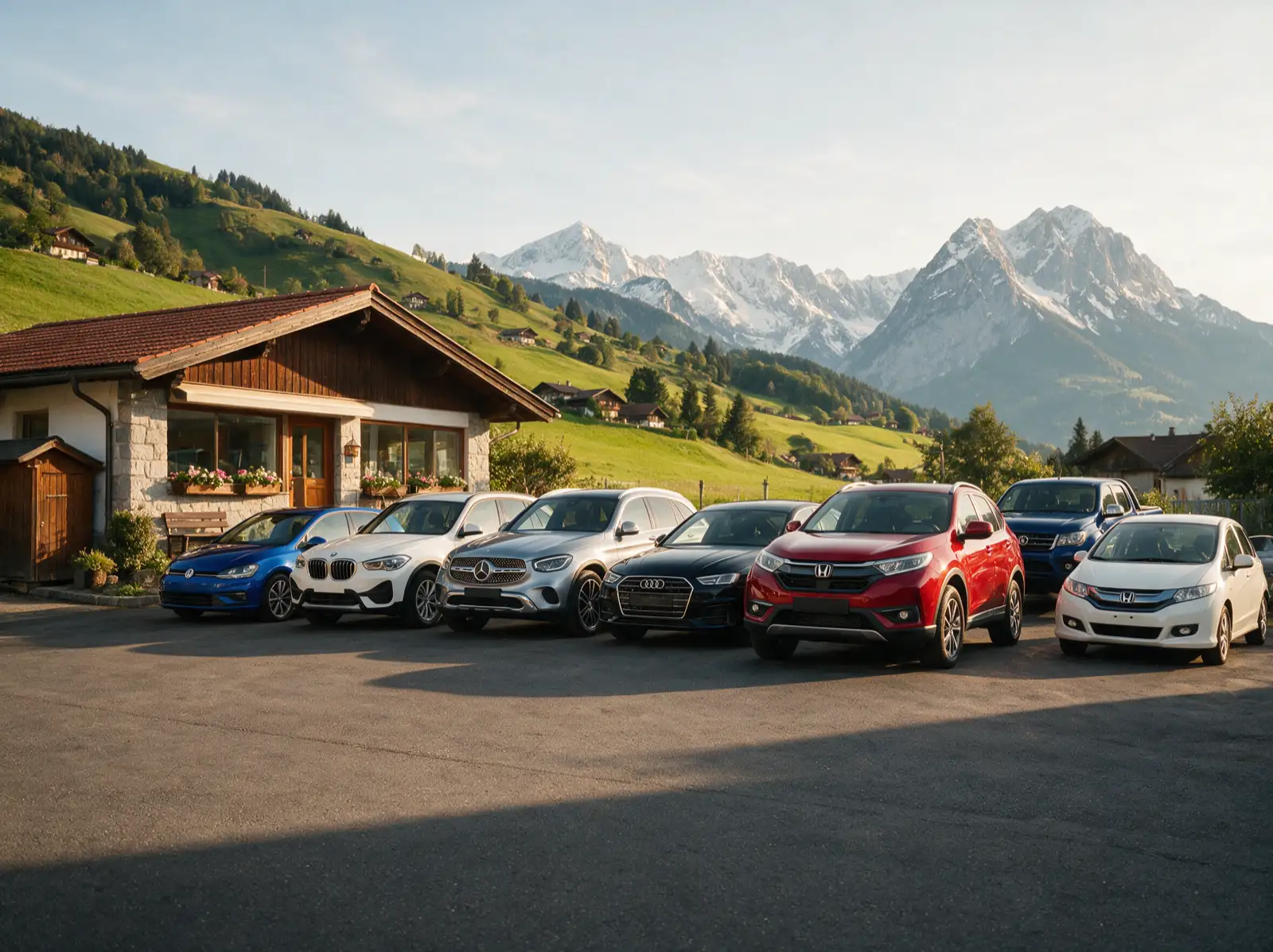 Gebrauchtwagen verschiedener Marken in einer Reihe auf dem Hof eines Autohauses